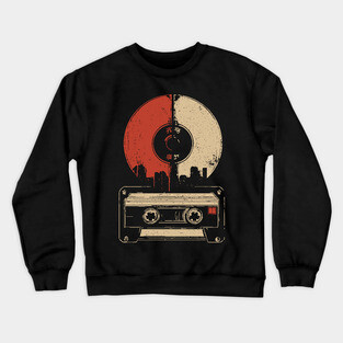 Retro Music City Skyline - Vintage Cassette & Vinyl Art Crewneck Sweatshirt