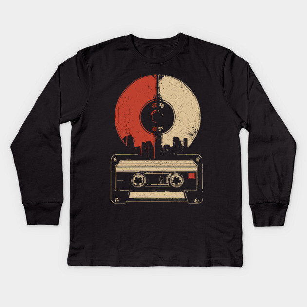 Retro Music City Skyline - Vintage Cassette & Vinyl Art Kids Long Sleeve T-Shirt by TuncGK