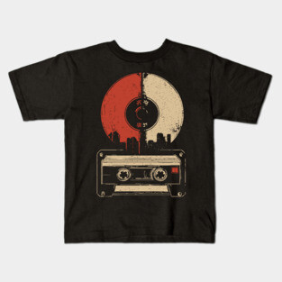 Retro Music City Skyline - Vintage Cassette & Vinyl Art Kids T-Shirt