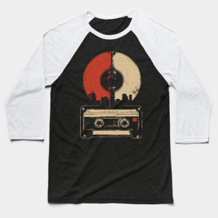 Retro Music City Skyline - Vintage Cassette & Vinyl Art Baseball T-Shirt