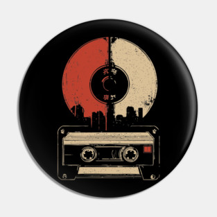 Retro Music City Skyline - Vintage Cassette & Vinyl Art Pin