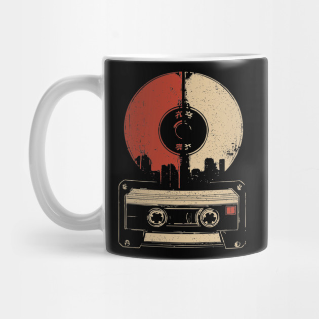 Retro Music City Skyline - Vintage Cassette & Vinyl Art by TuncGK