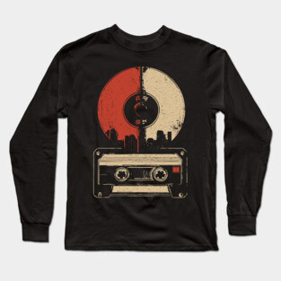 Retro Music City Skyline - Vintage Cassette & Vinyl Art Long Sleeve T-Shirt
