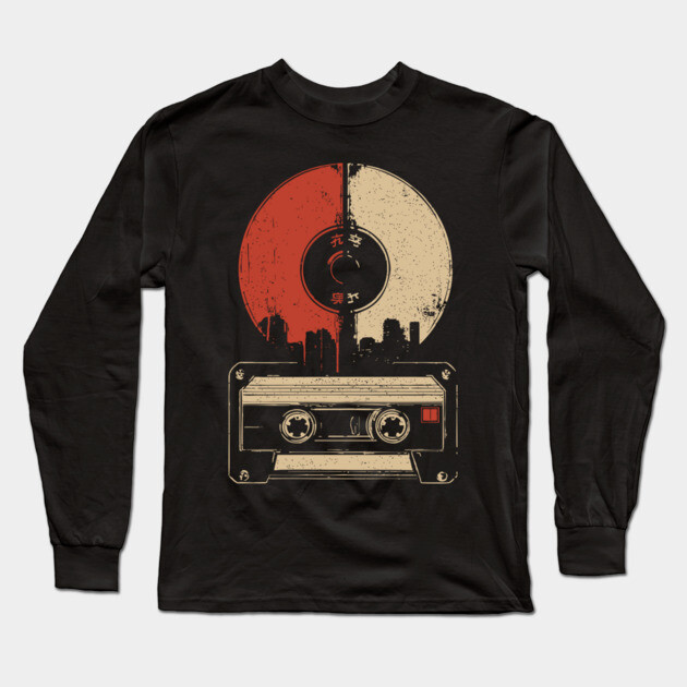 Retro Music City Skyline - Vintage Cassette & Vinyl Art Long Sleeve T-Shirt by TuncGK