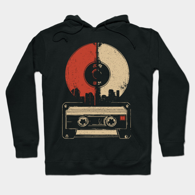 Retro Music City Skyline - Vintage Cassette & Vinyl Art Hoodie by TuncGK