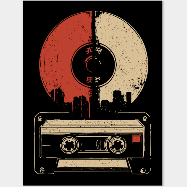 Retro Music City Skyline - Vintage Cassette & Vinyl Art Wall Art by TuncGK