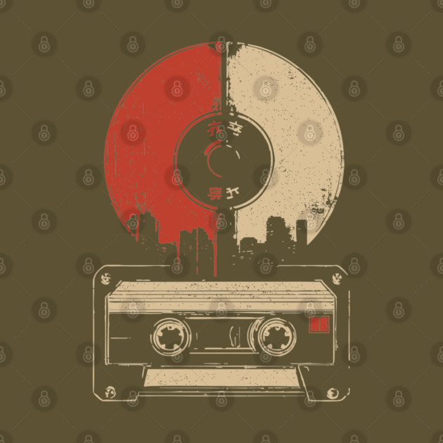 Retro Music City Skyline - Vintage Cassette & Vinyl Art by TuncGK
