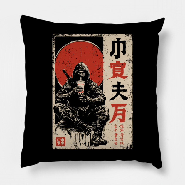 Ninja's Coffee Break - Funny Japanese Vintage Warrior Art Pillow by TuncGK