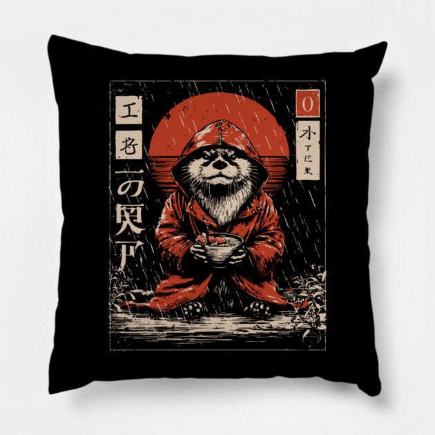 Cozy Otter in Raincoat - Cute Japanese Vintage Animal Art Pillow by TuncGK