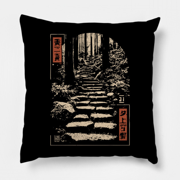 Serene Forest Path - Vintage Japanese Nature Steps Art Pillow by TuncGK