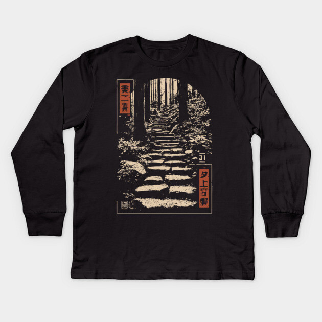 Serene Forest Path - Vintage Japanese Nature Steps Art Kids Long Sleeve T-Shirt by TuncGK