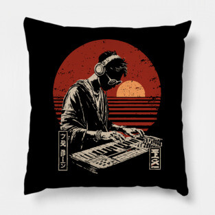 Sunset Synthwave DJ - Vintage Japanese Electronic Music Art Pillow