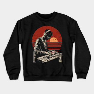 Sunset Synthwave DJ - Vintage Japanese Electronic Music Art Crewneck Sweatshirt