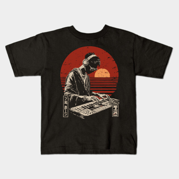 Sunset Synthwave DJ - Vintage Japanese Electronic Music Art Kids T-Shirt by TuncGK