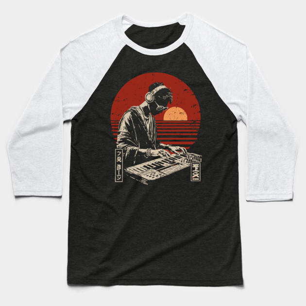 Sunset Synthwave DJ - Vintage Japanese Electronic Music Art Baseball T-Shirt by TuncGK