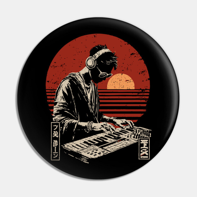 Sunset Synthwave DJ - Vintage Japanese Electronic Music Art Pin by TuncGK