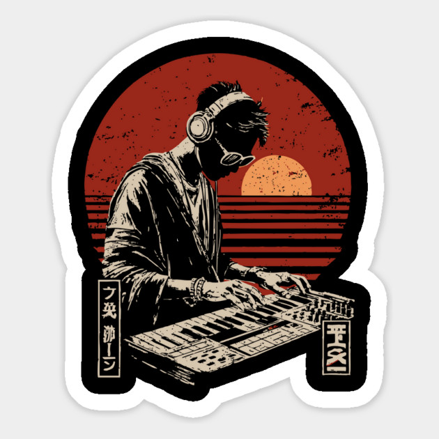 Sunset Synthwave DJ - Vintage Japanese Electronic Music Art Magnet by TuncGK
