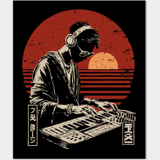Sunset Synthwave DJ - Vintage Japanese Electronic Music Art Wall Art by TuncGK