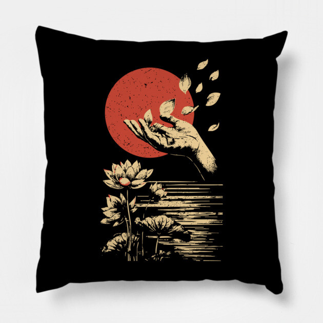 Zen Petal Offering - Serene Japanese Lotus Flower Art Pillow by TuncGK