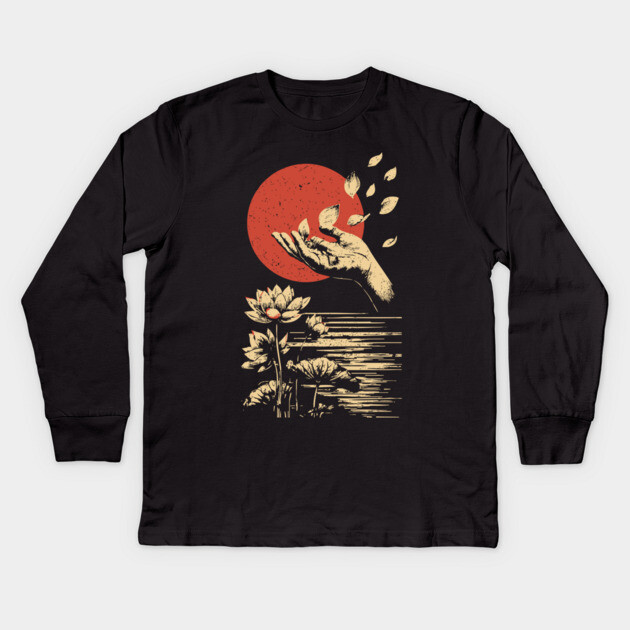 Zen Petal Offering - Serene Japanese Lotus Flower Art Kids Long Sleeve T-Shirt by TuncGK