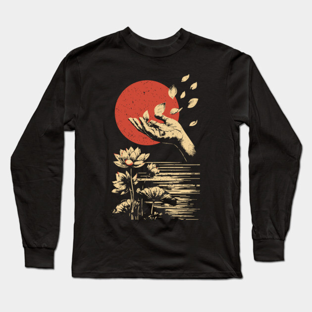 Zen Petal Offering - Serene Japanese Lotus Flower Art Long Sleeve T-Shirt by TuncGK
