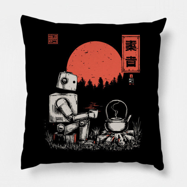 Robot Campfire Tea - Vintage Japanese Sci-Fi Art Pillow by TuncGK