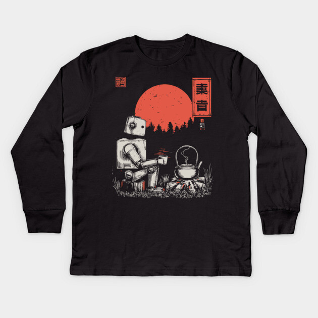 Robot Campfire Tea - Vintage Japanese Sci-Fi Art Kids Long Sleeve T-Shirt by TuncGK