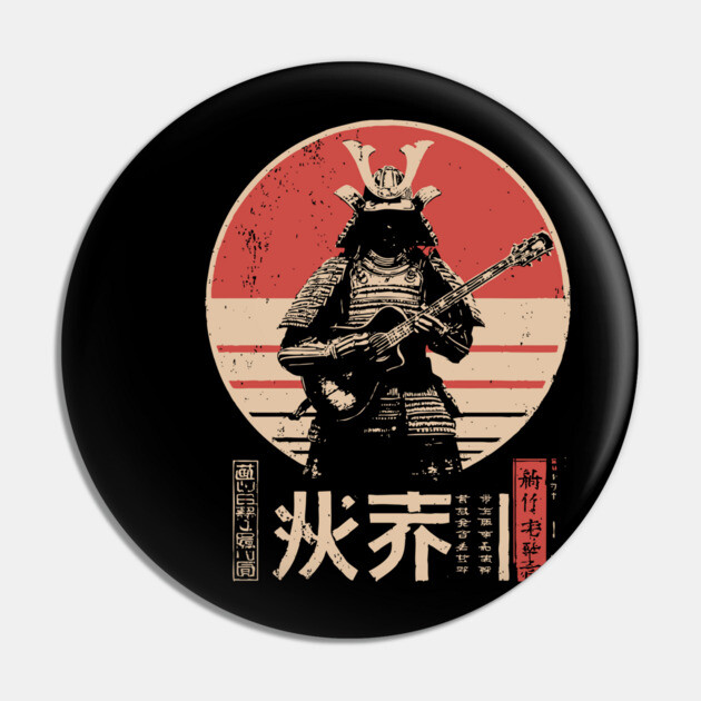 Samurai Rocker - Vintage Japanese Ronin Guitarist Art Pin by TuncGK
