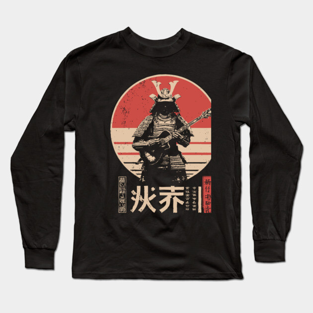 Samurai Rocker - Vintage Japanese Ronin Guitarist Art Long Sleeve T-Shirt by TuncGK