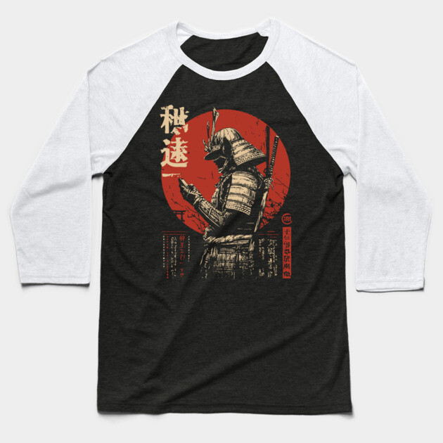 Samurai on Smartphone - Funny Japanese Vintage Tech Art Baseball T-Shirt by TuncGK
