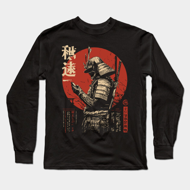 Samurai on Smartphone - Funny Japanese Vintage Tech Art Long Sleeve T-Shirt by TuncGK