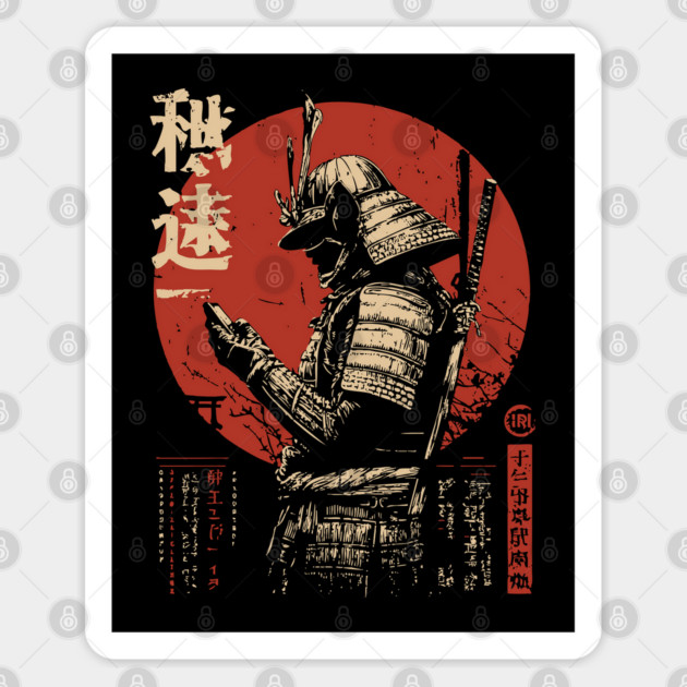 Samurai on Smartphone - Funny Japanese Vintage Tech Art Sticker by TuncGK