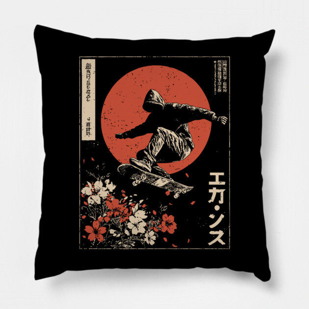 Japanese Skateboarder Cherry Blossoms - Vintage Skate Art Pillow by TuncGK
