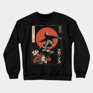 Japanese Skateboarder Cherry Blossoms - Vintage Skate Art Crewneck Sweatshirt