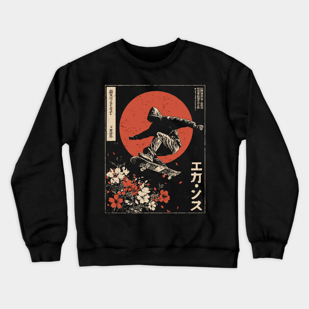 Japanese Skateboarder Cherry Blossoms - Vintage Skate Art Crewneck Sweatshirt by TuncGK