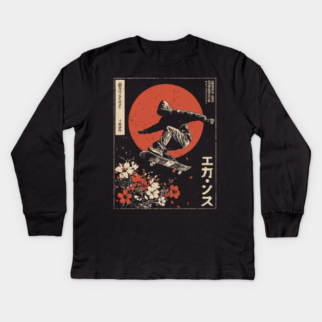 Japanese Skateboarder Cherry Blossoms - Vintage Skate Art Kids Long Sleeve T-Shirt by TuncGK