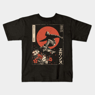 Japanese Skateboarder Cherry Blossoms - Vintage Skate Art Kids T-Shirt