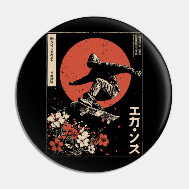 Japanese Skateboarder Cherry Blossoms - Vintage Skate Art Pin by TuncGK