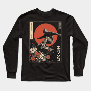 Japanese Skateboarder Cherry Blossoms - Vintage Skate Art Long Sleeve T-Shirt