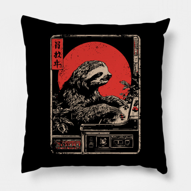 Gaming Sloth - Funny Japanese Vintage Retro Gamer Art Pillow by TuncGK