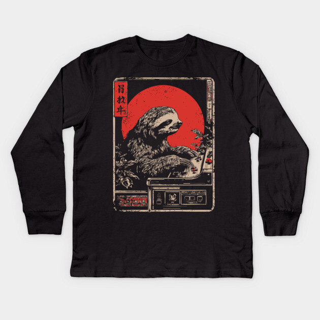 Gaming Sloth - Funny Japanese Vintage Retro Gamer Art Kids Long Sleeve T-Shirt by TuncGK