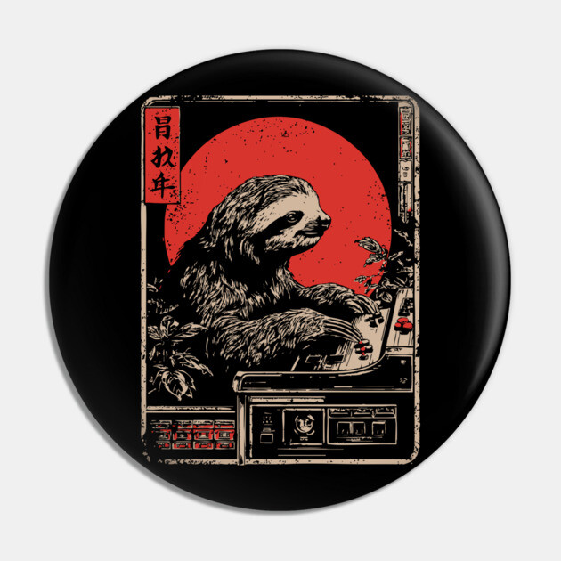 Gaming Sloth - Funny Japanese Vintage Retro Gamer Art Pin by TuncGK