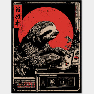 Gaming Sloth - Funny Japanese Vintage Retro Gamer Art Posters and Art