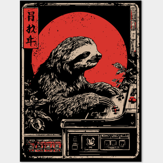 Gaming Sloth - Funny Japanese Vintage Retro Gamer Art Wall Art by TuncGK
