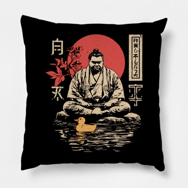 Sumo Wrestler & Rubber Duck - Funny Japanese Bath Time Art Pillow by TuncGK