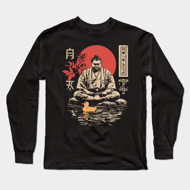 Sumo Wrestler & Rubber Duck - Funny Japanese Bath Time Art Long Sleeve T-Shirt by TuncGK