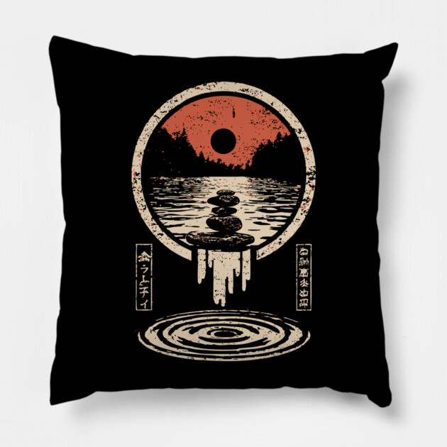 Surreal Zen Rock Stack - Vintage Japanese River Dream Art Pillow by TuncGK