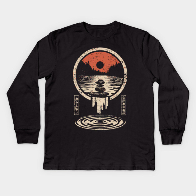 Surreal Zen Rock Stack - Vintage Japanese River Dream Art Kids Long Sleeve T-Shirt by TuncGK