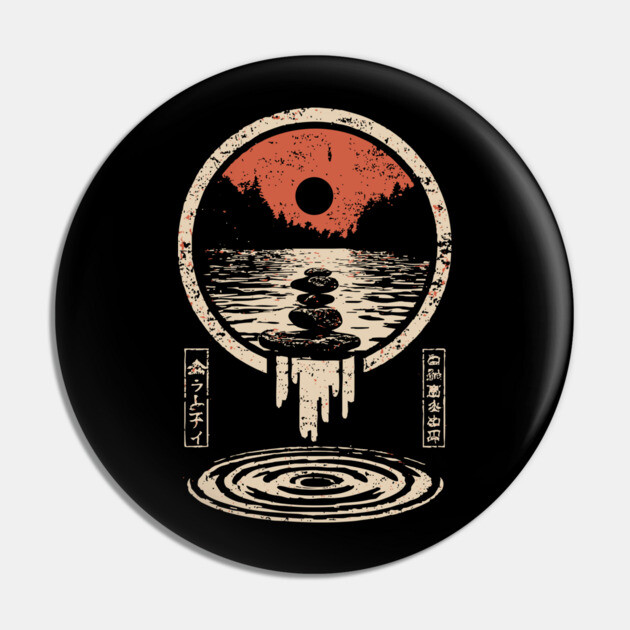 Surreal Zen Rock Stack - Vintage Japanese River Dream Art Pin by TuncGK