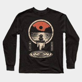 Surreal Zen Rock Stack - Vintage Japanese River Dream Art Long Sleeve T-Shirt